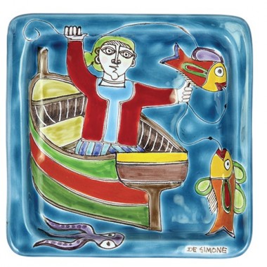 Squared Plate Fisherman De Simone Pottery 20x20 DS 26 Squared Plate Fisherman De Simone Pottery 20x20 DS 26